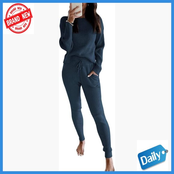 Rib Knit Sweater Set with Pockets Long Sleeve Top and Drawstring Pants